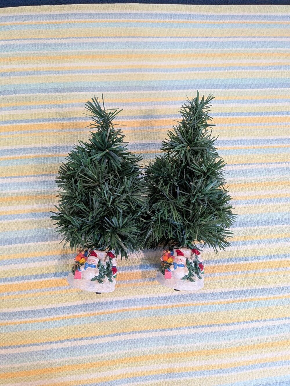 ⭐ Pair 14" Fiber Optic Mini Christmas Trees Lighted Snowman Resin Base Holiday
